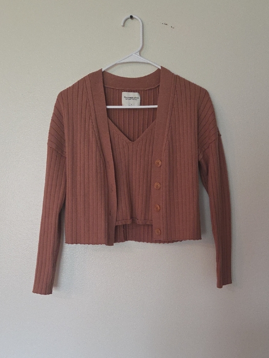 Abercrombie & Fitch Sweaters - Ribbed Tank and Button Cardigan Set in Mauve Rose